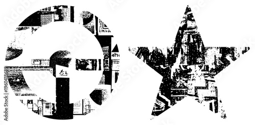 Distressed black and white logo and five point star, collage style urban decay texture, vector graphic, digital art elements, social symbols, retro glitch aesthetic.