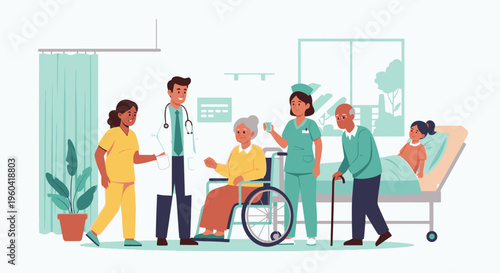 Medical team assisting elderly patients in a hospital room setting with care