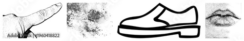 Hand gesture pointing, halftone texture, minimalist shoe silhouette, lips close up, all vector graphics, isolated elements, clean art, design assets.