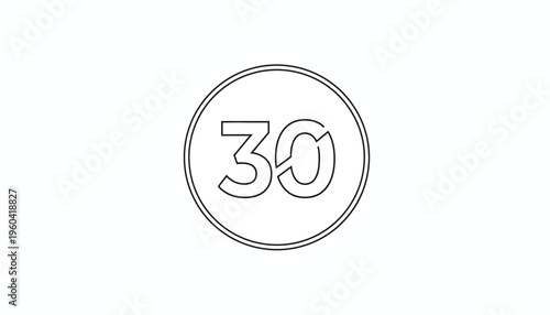 Number 30 in a Circle Outline, Minimalist Design, Isolated on White Background