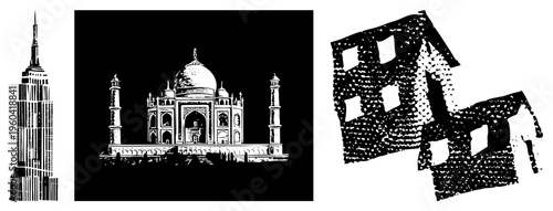 Monumental architecture rendered in stark black and white, including Building, Taj Mahal, and abstracted urban blocks, stylized with halftone dots and clean.