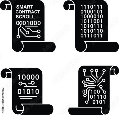 Smart Contract Scroll Vector Icons Set with Binary Code and Circuit Board Patterns for Blockchain