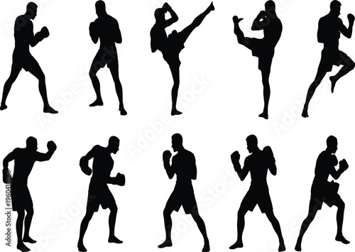 Vector silhouettes of martial arts fighters practicing boxing stances, punches, and kicks in dynamic combat poses for sports training illustration