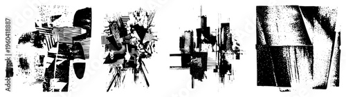 Fragmented geometric shapes rendered in stark black and white halftone, vector graphic with bold and fragmented planes, modern abstract composition.