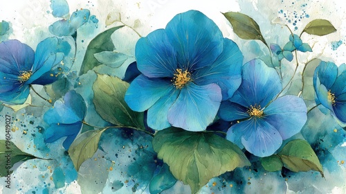 Vibrant Blue Flowers with Green Leaves in Watercolor Style