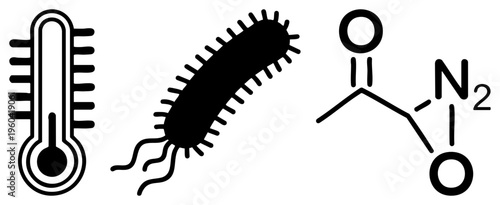 Black showing temperature measurement, microorganism, and chemical compound. Medical, science, lab, microbiology, chemistry symbols.