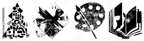 Stylized vector of art tools including brush, open book, and palette, rendered in high contrast halftone style. Artistic symbols for creative industries, design, and education.