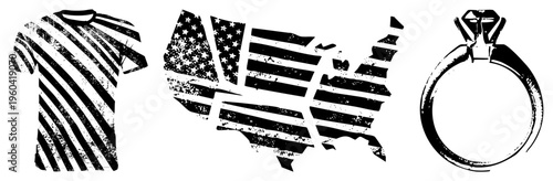 American flag themed apparel, USA map graphic, engagement ring illustration, vector, merchandise, symbolic designs.