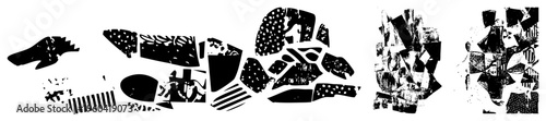 Collage of fragmented shapes with halftone textures, abstract composition, graphic design elements, vector cutouts, stylized forms, modern art fragments, isolated.