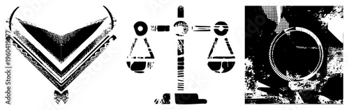 Three stylized vector inverted V shape with ornate borders, balance scale with textured pans, and circular with halftone texture. graphic design elements.