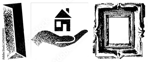 Stylized halftone symbols doorway entrance, protective hand cradling home, decorative frame. Vector graphic with grainy texture, black and white, symbolic design.