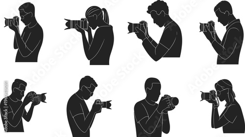 Vector silhouettes of photographers holding cameras in diverse poses, capturing moments, adjusting settings, and practicing professional photography illustration design