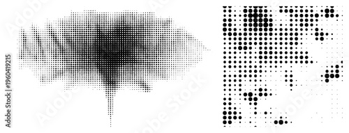 Vector halftone design using dot clusters, gradient density, graphic art, print aesthetic, digital illustration, stylized texture, typographic.