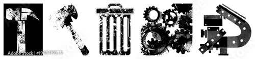 Set of mechanical symbols including hammer,, trash can, gears, and metal bracket, rendered in gritty halftone style, ideal for industrial or workshop themes.
