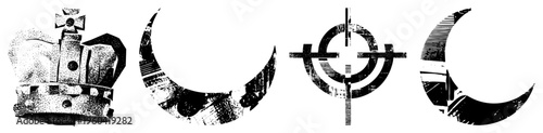 Distressed halftone crown, moon, target, and stylized moon symbols, gritty texture, vector graphic, isolated design elements.