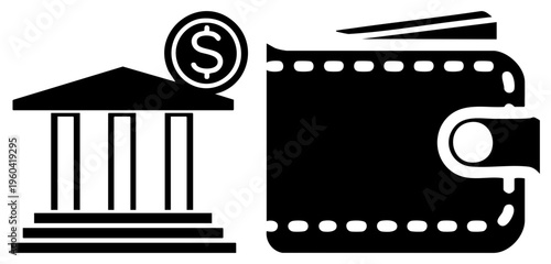 Financial institution with dollar coin, wallet, money management, banking services, cash handling, personal finance, economic stability.