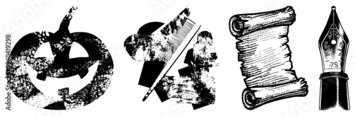 Grungy black and white vector jack o lantern, comb, parchment scroll, fountain pen nib. Retro halftone texture, isolated symbols for design use.