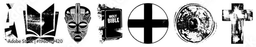 Holy Bible book,, ancient coin, African mask, open book, Nordic rune, spiritual motifs, religious symbols.