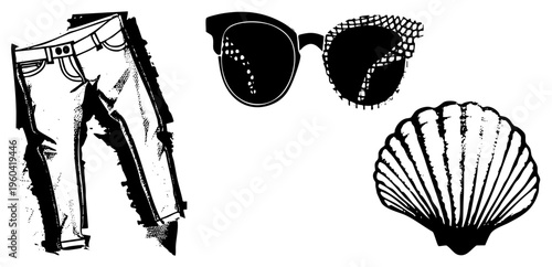 Retro sunglasses with textured lenses, ripped denim jeans, scalloped, all rendered in bold halftone style. Graphic elements for beach or fashion themes.