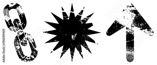 Distressed black symbols with textured noise chain, star, upward arrow. Urban stencil style, vector with vintage wear effect.