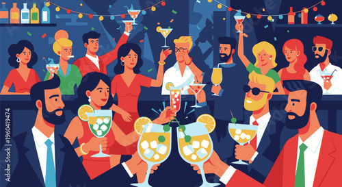 A group of people cheer and raise their glasses in a vibrant nightlife scene with drinks and celebrations