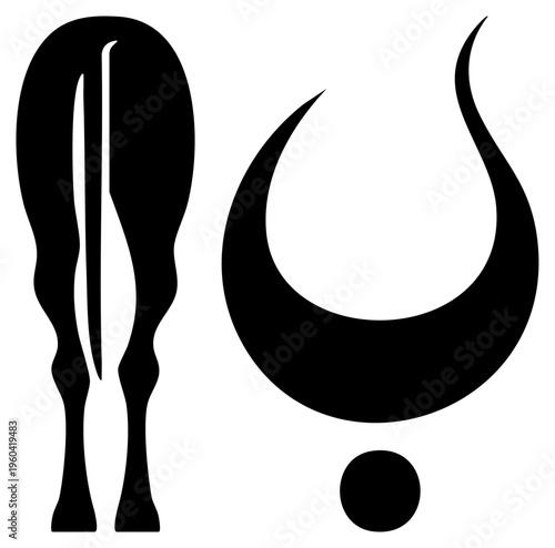 Stylized black vector symbols with flowing curves and minimalist dot, abstract design, modern graphic elements, isolated set.