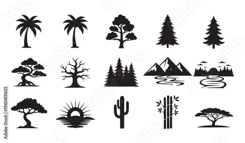 set of vector silhouettes of trees