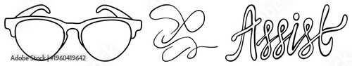 Stylish sunglasses with rounded lenses, minimalist, paired with elegant cursive script "Assist", vector typography, clean art, graphic design element.
