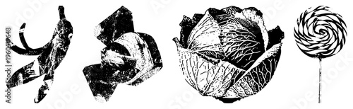 Banana peel, crumpled paper, cabbage head, lollipop swirl all rendered in bold black and white vector art, isolated elements with textured halftone shading.