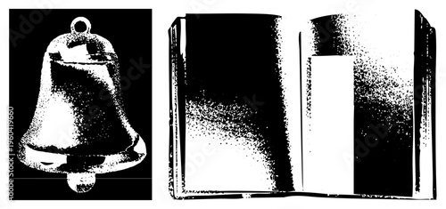 Classic bell and open book rendered in halftone style, graphic illustration, vector, symbolic objects, educational or notification theme.