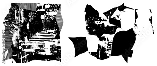Distorted black and white vector shapes with halftone textures, abstract composition, graphic design elements, digital art, glitch aesthetic, fragmented forms.