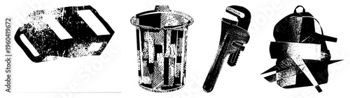 Retro halftone illustrations of wrench, waste bin, and school backpack, vector graphic,, isolated for UI, graphic design, and print projects.