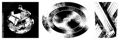 Vector graphic featuring concentric rings, fragmented spheres, and angular with halftone dot, minimalist black and white design, isolated elements for graphic use.