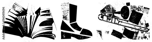Graphic symbols of knowledge, footwear, and music instrument, rendered in bold halftone style, vector art, isolated elements for design use.