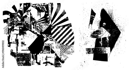 Fragmented black and white architectural collage, abstract urban forms, graphic deconstruction, halftone texture, vector art, modernist abstraction, isolated shapes.