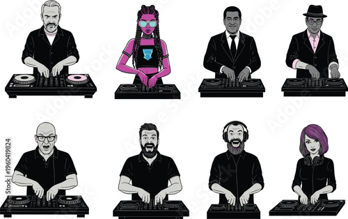 DJ character illustration set, diverse people mixing music, party club culture, electronic dance vector art collection