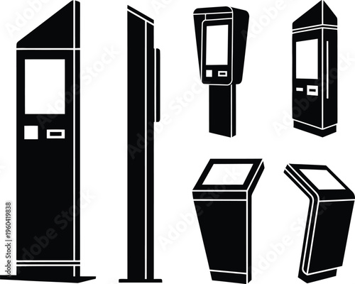 Digital Kiosk and Interactive Terminal Vector Silhouette Set for Wayfinding and Payment Systems