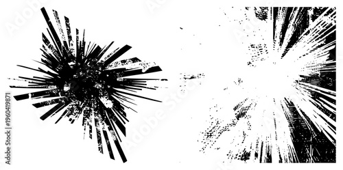 Black and white graphic explosion shapes, radiating with distressed texture, comic book impact design, halftone grit, isolated vector bursts.
