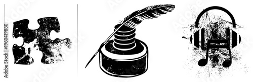 Classic writing instrument, quill pen, inkwell, calligraphy tool, historical stationery, artistic brush, rustic typography.