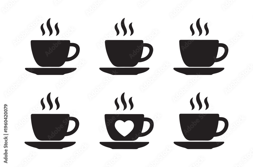 Fototapeta premium Six black silhouettes of coffee cups with rising steam above saucers