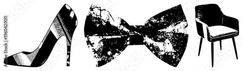Vector illustration of elegant footwear, formal bow tie, and modern chair, halftone texture, fashion and interior design elements.