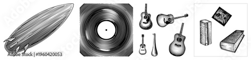 Classic airship, vinyl record, acoustic guitars, antique books all in black/white vector style with halftone shading and clean.