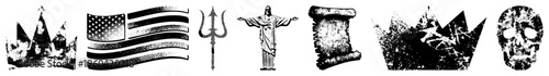 Distressed black and white including crown, American flag, trident, Christ statue, scroll, skull gritty textures, symbolic motifs, vector glyphs with decayed effects.
