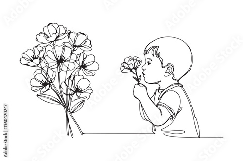 A young child delicately smells a bouquet of flowers in a line art