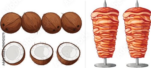 Shawarma Skewers and Coconut Food Vector Set Featuring Meat on Rotisserie and Coconut Halves for Culinary Illustrations