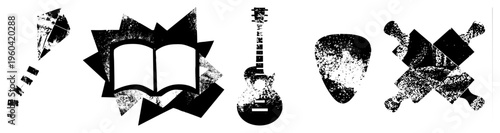 Vector of guitar, open book, and guitar pick with distressed halftone, design, artistic graphic elements, isolated symbols.