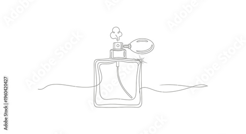 Minimalist single line drawing of a perfume bottle with spray mist, elegant and modern.
