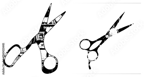 Graphic scissors with worn ink texture, open blades, loop handles, stylized cutout, black and white illustration, craft tool.