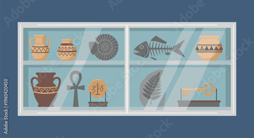 Ancient Egyptian artifacts and fish on display in a museum exhibit case