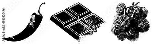 Graphic trio of chili, chocolate, and figs rendered in black and white, stylized vector art, food, isolated elements, halftone texture, rustic design.